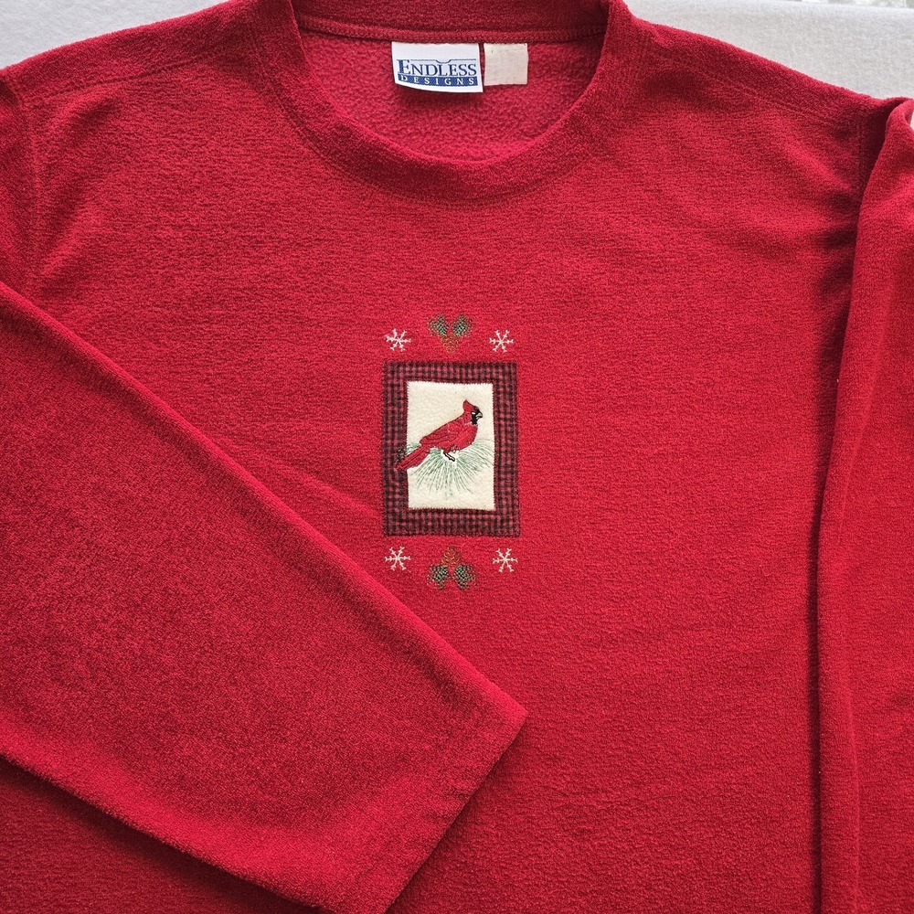 Vtg Endless Designs Red Cardinal Christmas Sweatshirt‎ Embroidered Grannycore